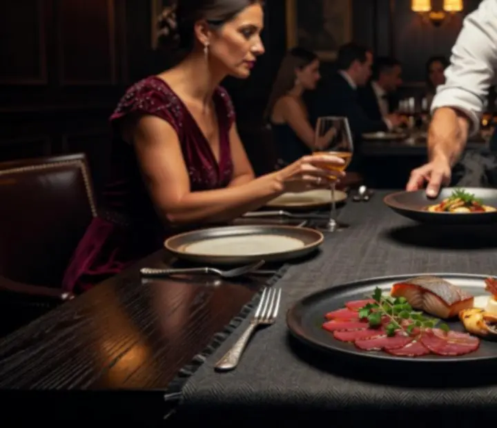 Close-up of the Chef's Table at FeltAndFlamee with plated dishes under cinematic lighting.
