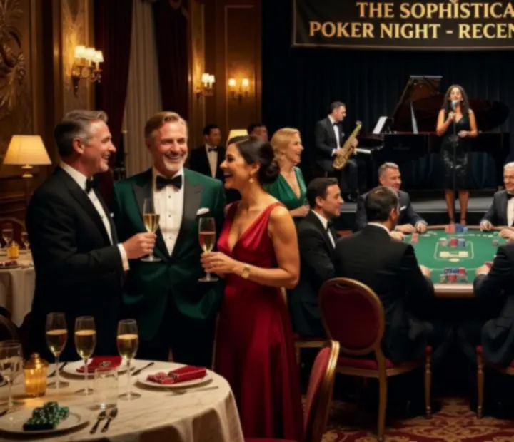 Guests enjoying a luxury restaurant and poker event with cinematic lighting