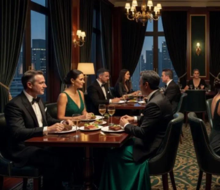 Cinematic view of a luxury restaurant connected to an exclusive poker lounge