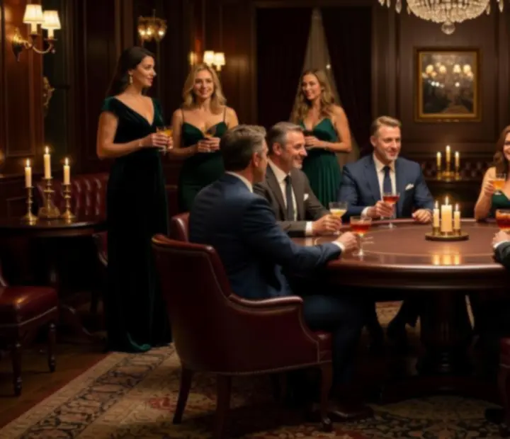 Members socialising over drinks and cards in a softly lit lounge