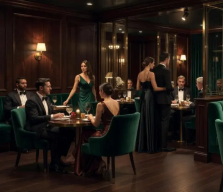 Dimly lit VIP lounge with poker tables and fine dining at FeltAndFlamee