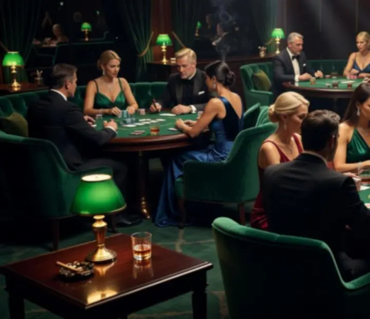 Cinematic poker lounge with guests seated at a professional poker table
