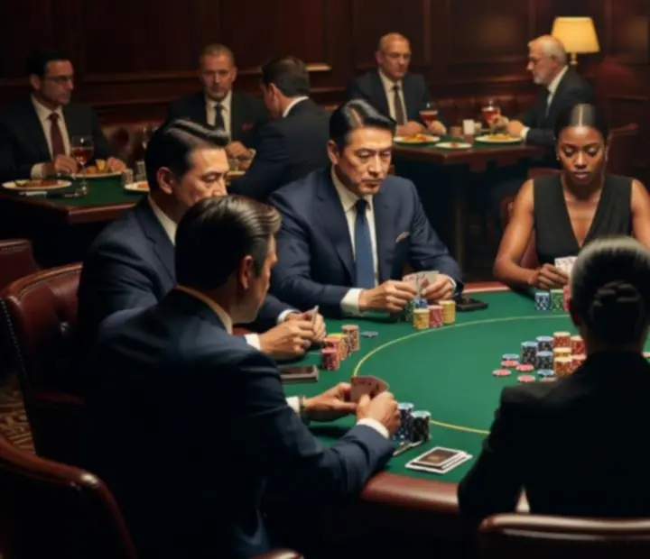 Players seated at a professional poker table under dramatic lighting