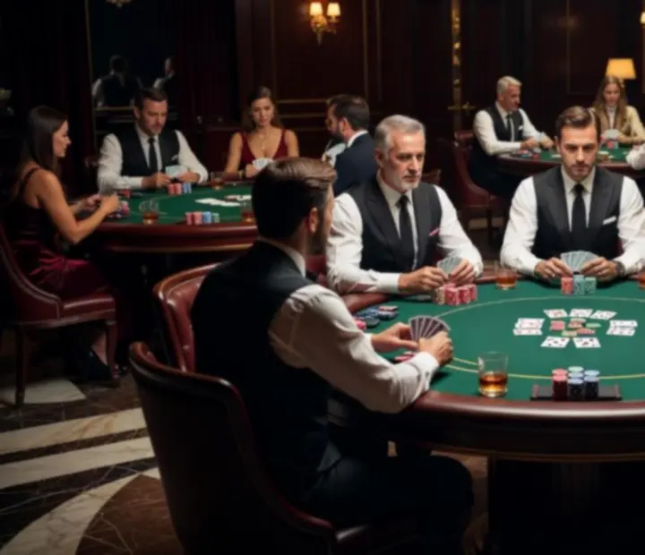 Players seated at a professional poker table under dramatic lighting, registering for a private tournament.