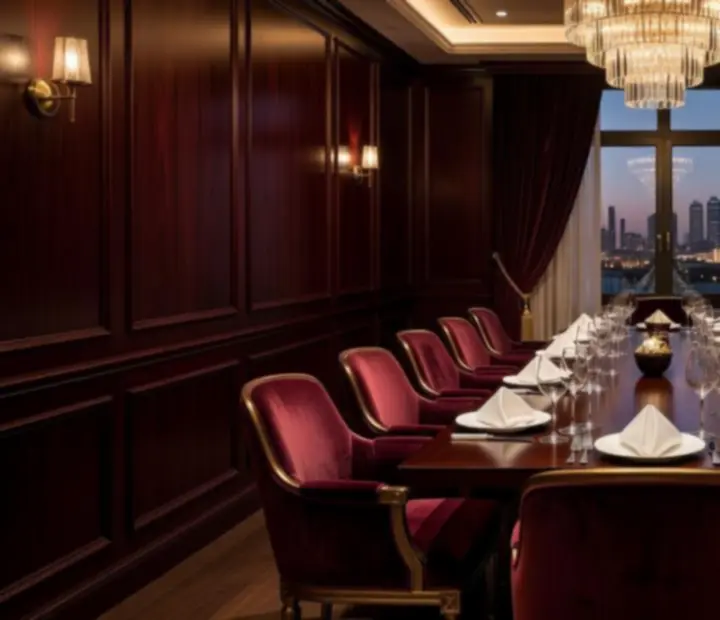 Private mahogany dining room at FeltAndFlamee with burgundy accents and intimate lighting.