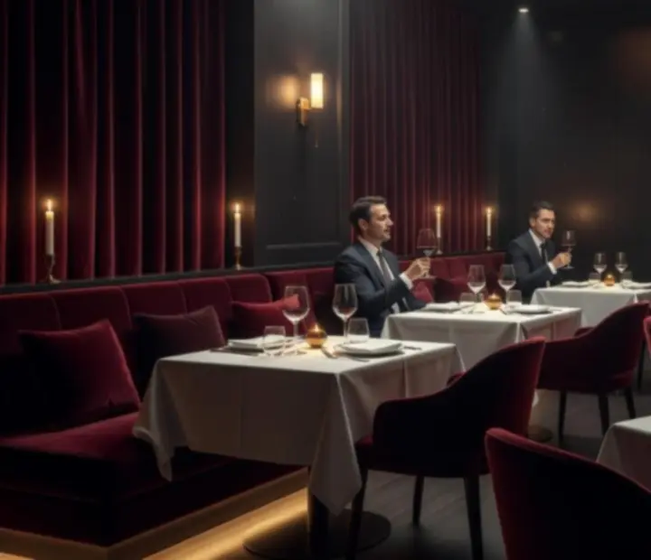 Cinematic dining room at FeltAndFlamee with candlelit tables and a view towards the private poker lounge.