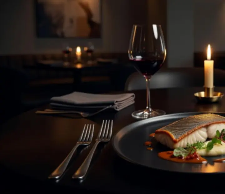 Signature dish plated in a dark, cinematic restaurant setting