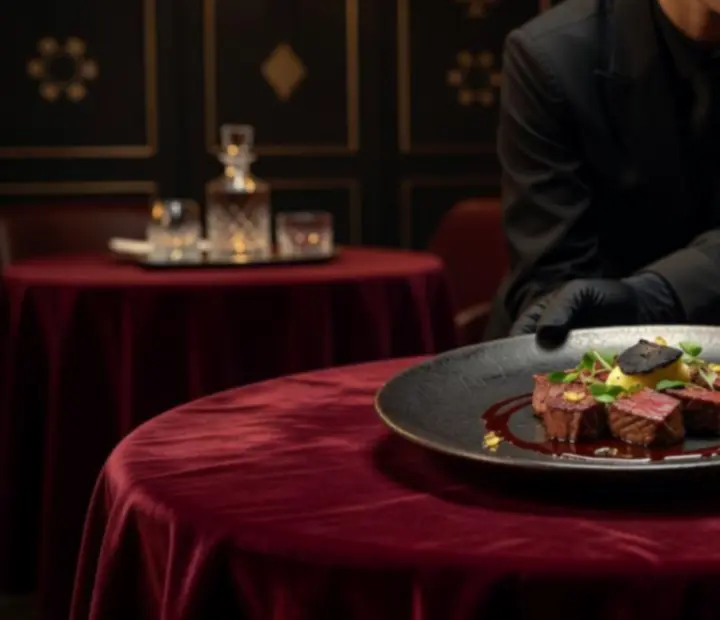 Fine dining plates and poker chips arranged in a cinematic composition