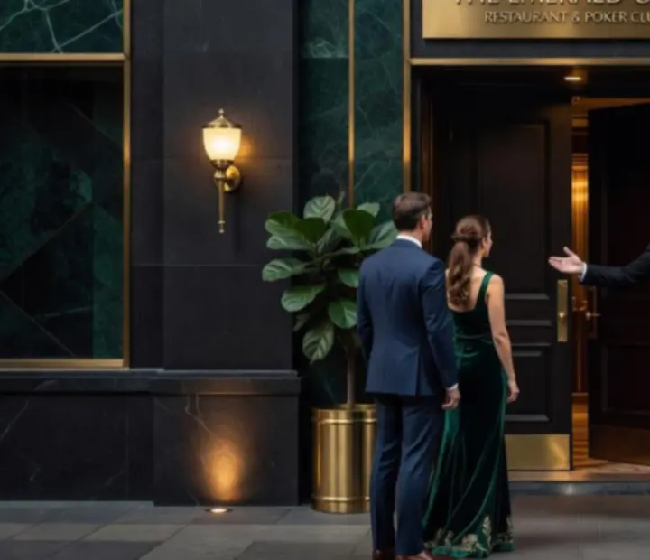 Private night-time entrance to an exclusive poker and dining club with cinematic lighting.