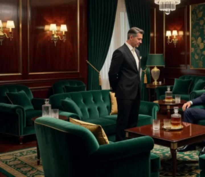 Elegant VIP lounge with plush seating and a concierge welcoming guests.