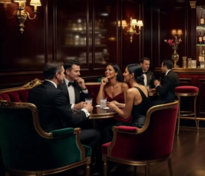 Luxurious VIP bar with mahogany, gold accents and warm evening lighting.