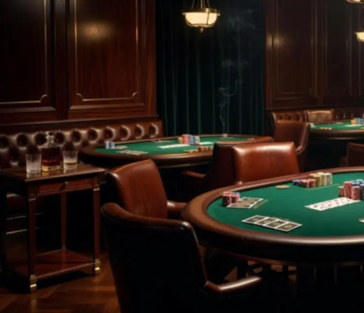 Emerald-lit private poker lounge with professional tables and plush seating.